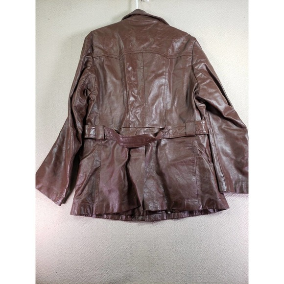 Vintage Meier & Frank Jacket 47 Brown Leather Collar Long Sleeve Belted Pockets - Picture 2 of 10